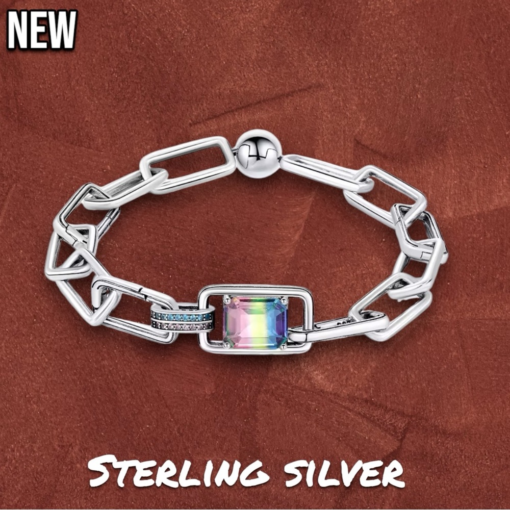 New .925 Sterling Silver Charm bracelet (charms not included) with rainbow stone